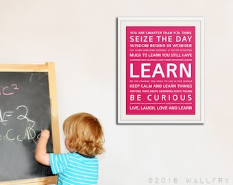 Children activity inspiration print. LEARN typography kids wall art. Wall art quotes for playroom decor. Art print by Wallfry
