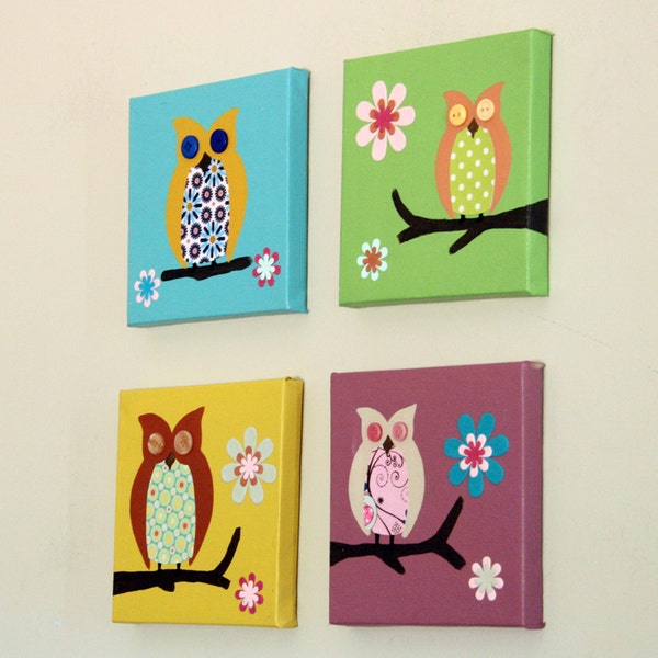 Owl art for children paintings for baby nursery decor. 4 owls pictures on canvas (not prints) for girls room.