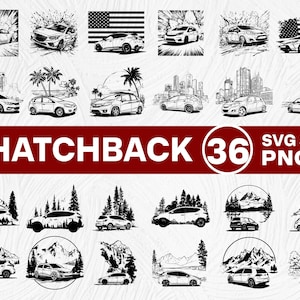 May include: A collection of black and white hatchback car illustrations set against various backgrounds, including cityscapes and landscapes. The image features the text "HATCHBACK 36 SVG & PNG".