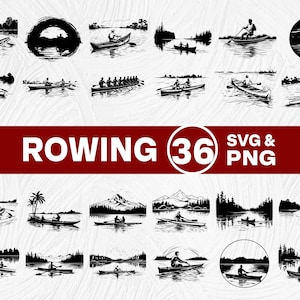 Könnte beinhalten: Eine Sammlung von 36 Schwarz-Weiß-Illustrationen zum Thema Rudern im SVG- und PNG-Format. Die Bilder zeigen verschiedene Ruderszenen, darunter Einer, Mannschaftsboote und Landschaften mit Bergen und Bäumen.