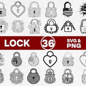 May include: Collection of 18 black and white lock designs in various styles, including floral, heart-shaped, and American flag motifs. The word "LOCK" is displayed in white text on a red banner, with "36" in a circle and "SVG & PNG" below.
