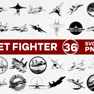 Puede incluir: Una colección de 36 ilustraciones en blanco y negro de aviones de combate a reacción en varios diseños. La imagen incluye el texto "JET FIGHTER 36 SVG & PNG". Las ilustraciones son adecuadas para proyectos de diseño digital.