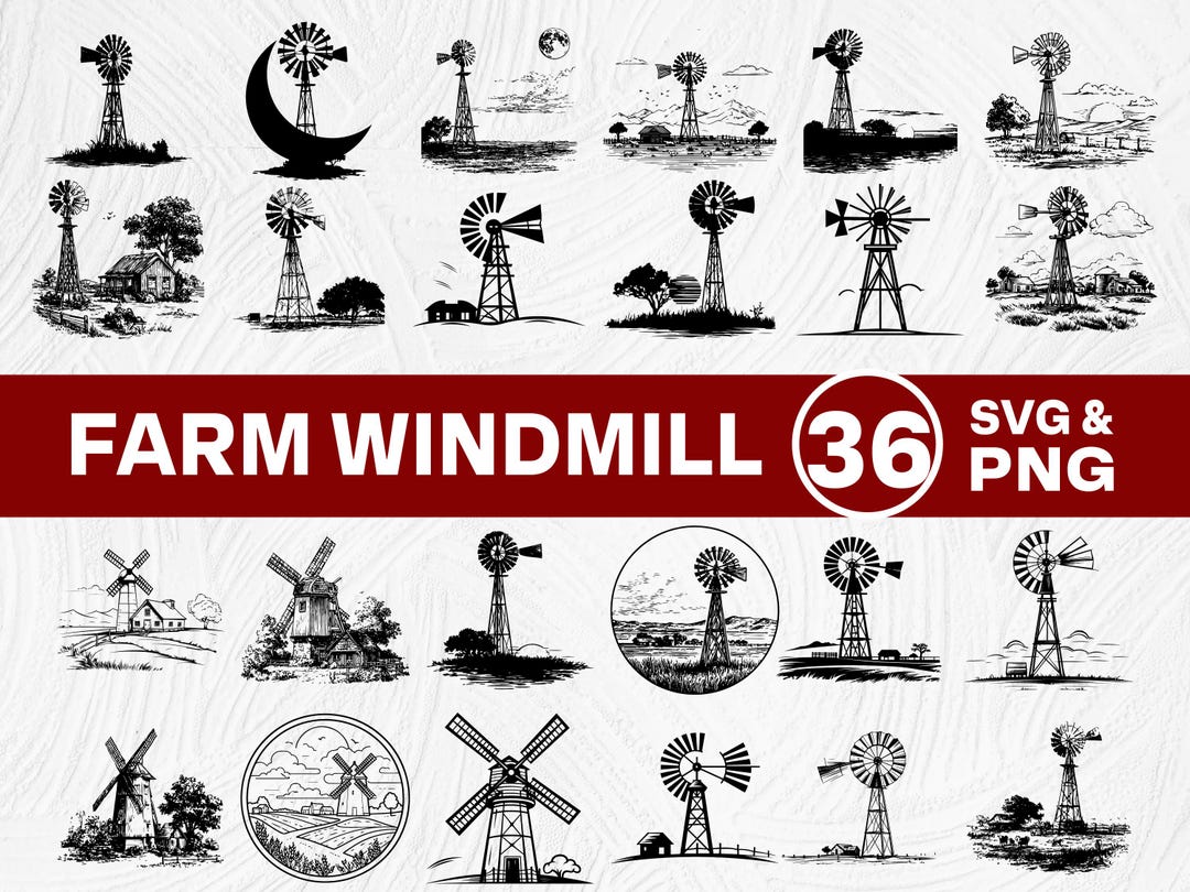 Farm Windmill Silhouette SVG PNG Bundle, Rustic Country Clipart Vector ...