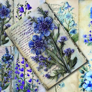 Blue Floral Junk Journal Kit Printable | Vintage Digital Paper Pack | Shabby Chic Ephemera | Instant Download