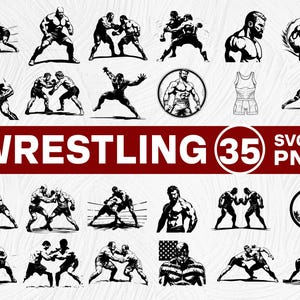 Könnte beinhalten: Eine Sammlung von 35 Wrestling-Grafiken im SVG- und PNG-Format. Die Schwarz-Weiß-Illustrationen zeigen Wrestler in verschiedenen Posen, darunter Kämpfe und Einzelporträts. Das Wort "WRESTLING" ist in großen weißen Buchstaben dargestellt.