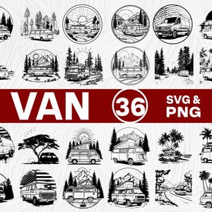 Könnte beinhalten: Eine Sammlung von 36 schwarz-weißen Van-Illustrationen in verschiedenen Outdoor-Szenen. Das Wort "VAN" steht in großen weißen Buchstaben auf einem roten Banner. Der Text "SVG & PNG" ist ebenfalls enthalten.