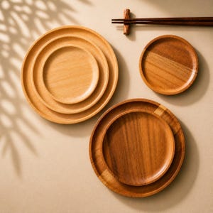 Könnte beinhalten: Eine Sammlung von Holzplatten in verschiedenen Größen, die natürliche Holzmaserungsmuster zeigen. Die Platten reichen von hell- bis dunkelbraun, mit einem Paar Essstäbchen und einer Essstäbchenablage im Hintergrund. Die Anordnung befindet sich auf einer neutral getönten Oberfläche.