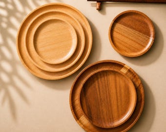 Plateau de service rond en bois d'acacia - planche en bois naturel pour pizza, dessert, décoration