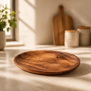 Puede incluir: Una fuente redonda de madera, de color marrón intenso con vetas visibles. La fuente está colocada sobre una superficie clara, con un fondo borroso que incluye una tabla de cortar de madera y tarros. Ideal para servir alimentos.