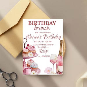 Birthday Brunch Editable Invitation Pink Peach Floral Invite for Her, Brunch Invitation Birthday Brunch Flyer Birthday Canva Template
