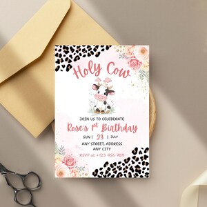 Sjabloon bewerkbare Heilige Koe verjaardagsuitnodiging, Cowgirl Party verjaardagsuitnodiging, uitnodiging Pink Girl, uitnodiging Holly Cow, Instant Download