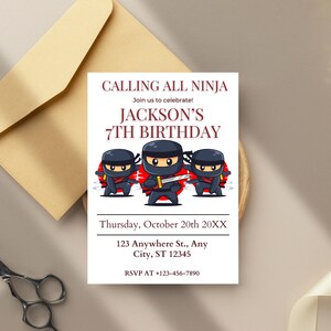 Editable Ninja Birthday Invitation, Ninja Warrior Birthday Party Invite, Ninja Invitation, Ninja Party Invitation, Printable Template
