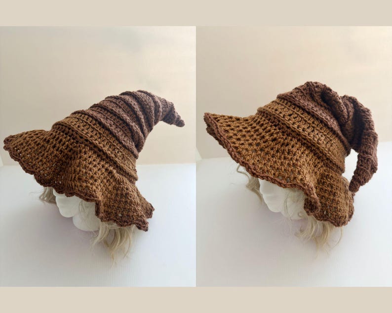 May include: A brown crochet witch hat with a wide, ruffled brim and a pointed, curled top. The hat is made of a textured yarn, and the color is a warm, earthy brown. The hat is displayed on a mannequin head.