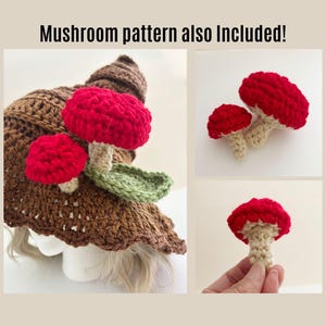 May include: A brown crocheted hat with red mushroom accents and a green leaf. The image also includes close-up shots of the red mushrooms. Text on the image reads: Mushroom pattern also Included!