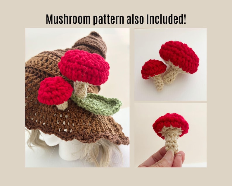May include: A brown crocheted hat with red mushroom accents and a green leaf. The image also includes close-up shots of the red mushrooms. Text on the image reads: Mushroom pattern also Included!