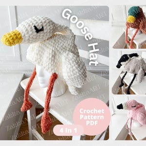 May include: A white crochet goose hat with a yellow beak and orange legs. The hat is displayed on a white mannequin head. The image also shows three other crochet hats: a duck, a goose, and a flamingo. The text "Goose Hat" and "Crochet Pattern PDF" are visible.