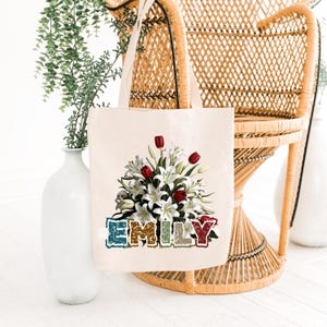 Borsa tote con fiori per la nascita da donna, borsa tote in tela personalizzata per lei, regali per damigelle d&#39;onore per l&#39;addio al nubilato, regalo floreale personalizzato per il mese di nascita per lui