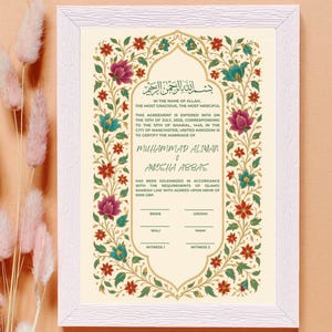 Edytowalny kwiatowy certyfikat Nikkah, złoty islamski kontrakt ślubny, cyfrowy szablon Nikkah Nama dla muzułmanów, szablon kontraktu Nikkah