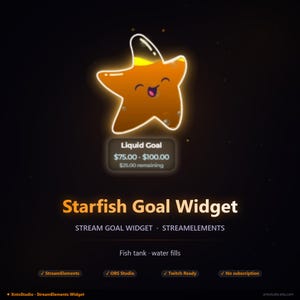 Könnte beinhalten: Ein digitales Starfish Goal Widget für Streaming mit einem leuchtenden orangefarbenen Seestern-Charakter mit lächelndem Gesicht. Die Grafik enthält den Text Liquid Goal, $75.00 - $100.00, $25.00 remaining, Starfish Goal Widget, Stream Goal Widget, StreamElements.