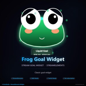 Könnte beinhalten: Eine digitale Grafik eines grünen Frosches mit großen weißen Augen, rosa Wangen und einem kleinen Lächeln. Unter dem Frosch befindet sich ein dunkles Feld mit der Aufschrift Liquid Goal und $75.00 - $100.00. Der Text Frog Goal Widget steht in Blau darunter.