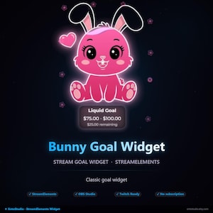 May include: A pink cartoon bunny with a heart and flower accents, set against a dark blue background. The text "Bunny Goal Widget" is displayed, along with "Stream Goal Widget" and "StreamElements". A "Liquid Goal" box shows a price range.