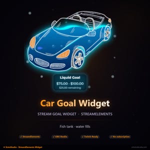 Könnte beinhalten: Eine digitale Grafik eines blauen Cabriolets mit orangefarbenen Akzenten und leuchtenden Neonkonturen. Der Text "Car Goal Widget" wird darunter angezeigt, zusammen mit "Stream Goal Widget" und "StreamElements".