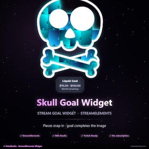 Könnte beinhalten: Digitales Grafikdesign eines Totenkopfes mit gekreuzten Knochen in Türkis und Weiß. Der Text "Skull Goal Widget" steht darunter, zusammen mit Informationen zur Kompatibilität mit StreamElements, OBS Studio und Twitch.