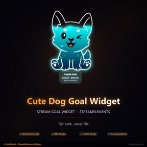 Könnte beinhalten: Digitalgrafik eines zwinkernden Cartoon-Hundes in Blautönen mit Leuchteffekt. Der Text "Cute Dog Goal Widget" wird darunter angezeigt, zusammen mit "Stream Goal Widget" und "StreamElements."