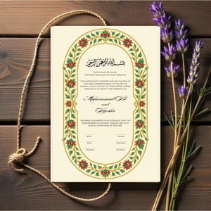 Edytowalny kwiatowy certyfikat Nikkah, złoty islamski kontrakt ślubny, cyfrowy szablon Nikkah Nama dla muzułmanów, szablon kontraktu Nikkah