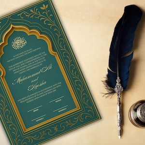 Edytowalny szablon certyfikatu Nikkah, luksusowy islamski kontrakt ślubny, muzułmański kontrakt małżeński Canva szablon