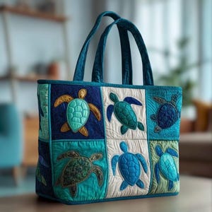 May include: A quilted tote bag with a patchwork design in shades of blue, teal, and white. Each square displays an appliqued sea turtle in different colours. The bag has sturdy teal handles and matching trim.