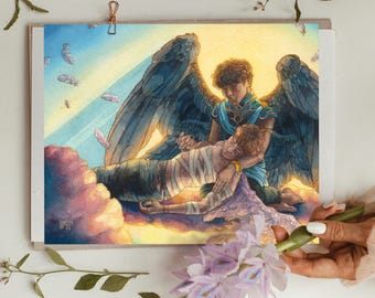 Watercolor Art Print: Respite; Angel Art with a Sunrise Cloud Background, Queer Couple Art, Gift for Angel Lovers