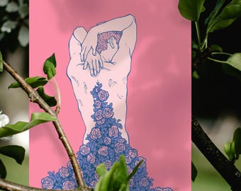 Shatter Into Roses: Digital Art Print of a Person Blooming Into Roses; Queer Art Home Decor; Pink Wall Art; Nonbinary Home Decor