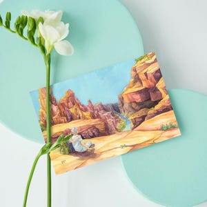Canyon : mini impression d'art aquarelle 6 x 4 po d'un couple dans un parc naturel, carte postale peinte à la main, cadeau pour les amateurs de voyage