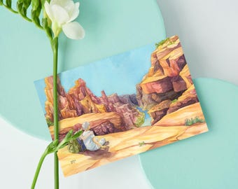 Canyon: 6x4in Watercolor Mini Art Print of a Couple in a Nature Park, Hand-painted Postcard, Gift for Travel Lovers