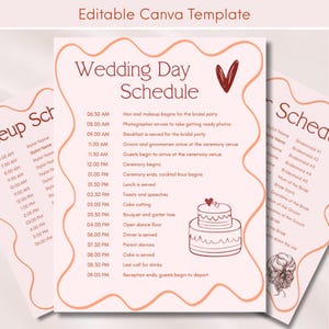 Może przedstawiać: Szablon harmonogramu dnia ślubu w kolorystyce brzoskwiniowo-białej. Tekst zawiera tytuł "Wedding Day Schedule" oraz szczegółowy harmonogram wydarzeń dnia, od fryzury i makijażu po zakończenie przyjęcia. Dołączona jest ilustracja serca i ciasta.