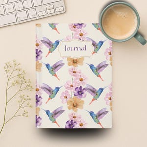 Charming Flower Hummingbird Hardcover Journal, Cute Unique Gift for Her, Gift for Hummingbird Lover, Gardening Journal, Seamless Pattern