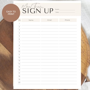 Op de afbeelding: Een beige printbaar aanmeldformulier voor een maaltijdtreinevenement. Het formulier bevat velden voor naam, e-mail en telefoonnummer, met ruimte voor 20 vermeldingen. De woorden "Meal Train" en "Sign Up" staan bovenaan.