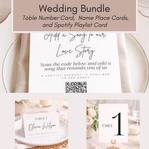 May include: A wedding stationery set including table number cards, name place cards, and a Spotify playlist card. The main card invites guests to add a song with a QR code. Other cards display table numbers and guest names. The design uses a neutral colour palette and stylish fonts.