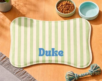 Personalized Dog Food Mat Custom Name Bone Shaped Pet Bowl Mat Retro Striped Dog Mom Gift Pet Feeding Mat Water Food Station Decor Cute Dog