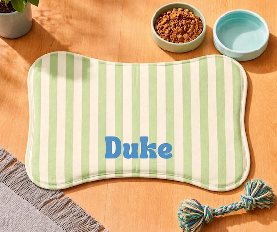 Personalized Dog Food Mat Custom Name Bone Shaped Pet Bowl Mat Retro Striped Dog Mom Gift Pet Feeding Mat Water Food Station Decor Cute Dog