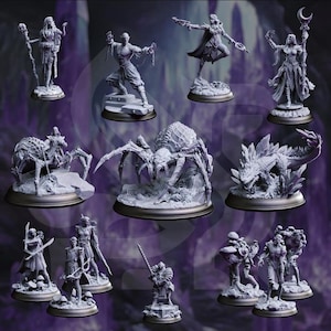 May include: A collection of detailed, gray miniature figurines depicting fantasy characters and creatures. The set includes a wizard, a ninja, a warrior, a dragon, a spider, and other figures, all mounted on circular bases.