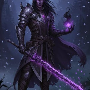 May include: A digital illustration of a dark elf warrior in ornate black and purple armor, holding a glowing purple sword and a ball of energy. The character has long black hair, pointed ears, and purple eyes, set against a dark forest background.