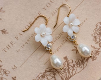 ELLA | Floral Drop Earrings, Pearl Drop Earrings