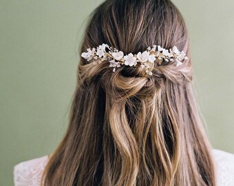 Gold Flower Bridal Hair Vine, Crystal Pearl Headpiece