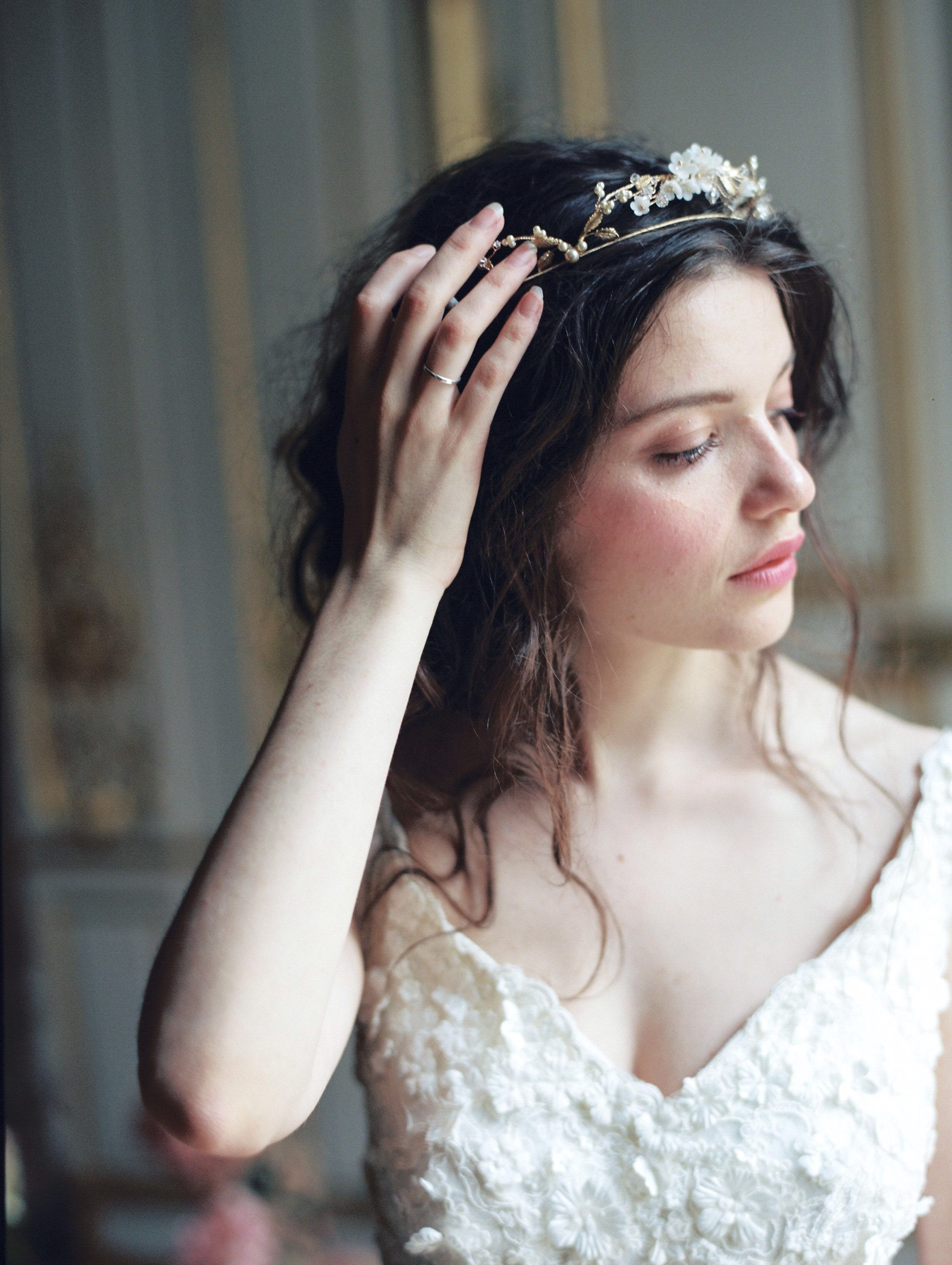 Delicate Flower Tiara with Mid Length Veil KAITIE | Fingertip organza embroidery wedding veil  main image 2