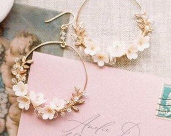 Bridal Earrings, Floral Bridal Hoop Earrings. Statement Bridal Earrings, hoop earrings, wedding jewelery, bridesmaids gift, flower earrings