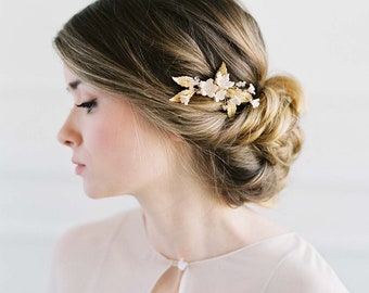 Gold bridal comb, Brass Leaves Hair Piece, Botanical Bridal Headpiece, Bridal Hair Clip, Gold Bridal Headpiece - YOLANDE