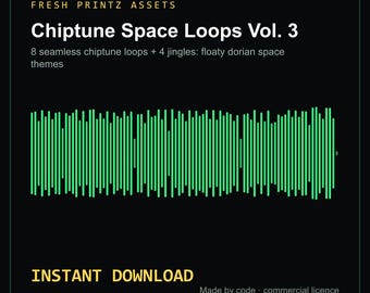 Könnte beinhalten: Eine digitale Grafik mit dem Text FRESH PRINTZ ASSETS, Chiptune Space Loops Vol. 3, 8 seamless chiptune loops + 4 jingles: floaty dorian space themes, INSTANT DOWNLOAD und Made by code commercial licence sowie einer grünen Schallwelle.