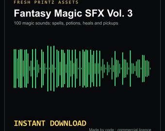 Könnte beinhalten: Eine digitale Produktgrafik mit dem Titel Fresh Printz Assets Fantasy Magic SFX Vol. 3, die 100 magische Klänge wie Zaubersprüche, Tränke, Heilungen und Pickups enthält. Die Mitte zeigt eine hellgrüne Schallwelle auf schwarzem Grund.
